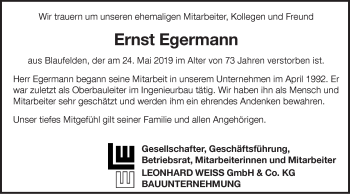 Traueranzeige von Ernst Egermann von Hohenloher Tagblatt