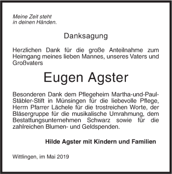 Traueranzeige von Eugen Agster von Metzinger-Uracher Volksblatt