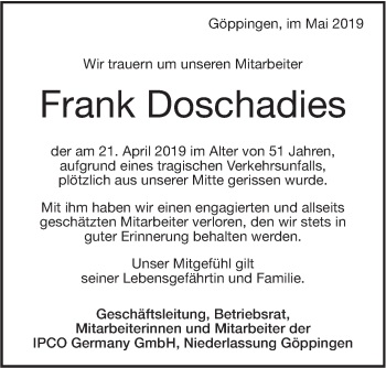 Traueranzeige von Frank Doschadies von Geislinger Zeitung