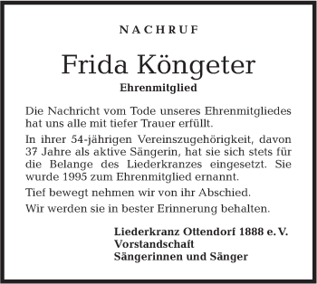 Traueranzeige von Frida Köngeter von Rundschau Gaildorf