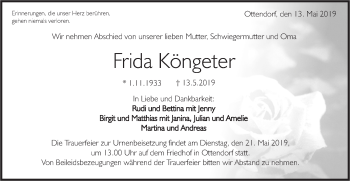 Traueranzeige von Frida Köngeter von Rundschau Gaildorf