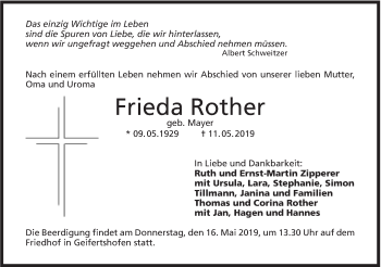 Traueranzeige von Frieda Rother von Haller Tagblatt