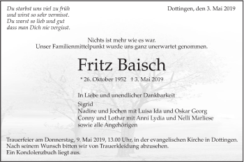 Traueranzeige von Fritz Baisch von Alb-Bote/Metzinger-Uracher Volksblatt