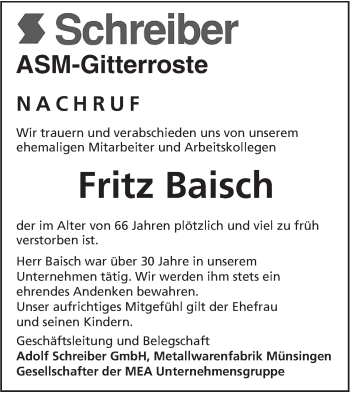 Traueranzeige von Fritz Baisch von Alb-Bote/Metzinger-Uracher Volksblatt