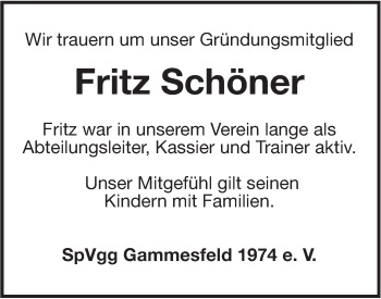 Traueranzeige von Fritz Schöner von Hohenloher Tagblatt