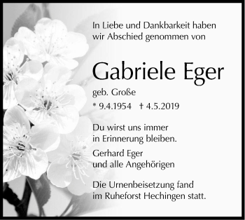 Traueranzeige von Gabriele Eger von Hohenzollerische Zeitung