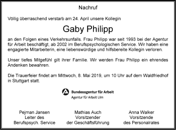 Traueranzeige von Gaby Philipp von SÜDWEST PRESSE Ausgabe Ulm/Neu-Ulm