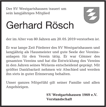 Traueranzeige von Gerhard Rösch von Hohenloher Tagblatt