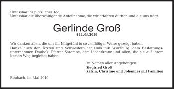 Traueranzeige von Gerlinde Groß von Hohenloher Tagblatt