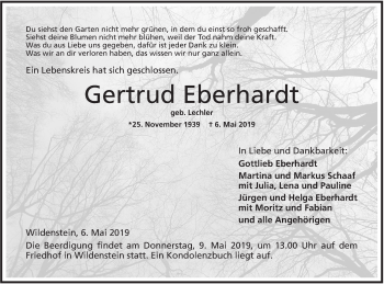 Traueranzeige von Gertrud Eberhardt von Hohenloher Tagblatt