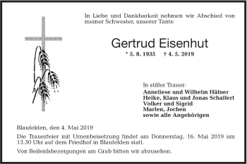 Traueranzeige von Gertrud Eisenhut von Hohenloher Tagblatt