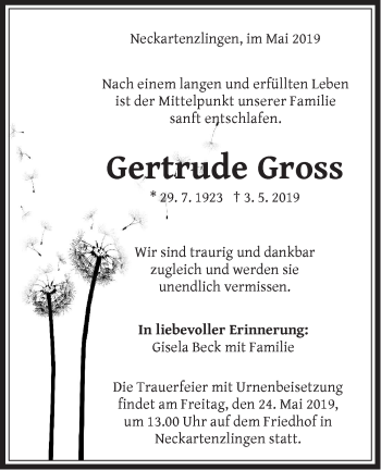 Traueranzeige von Gertrude Gross von Metzinger-Uracher Volksblatt