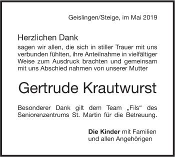 Traueranzeige von Gertrude Krautwurst von Geislinger Zeitung