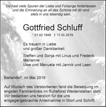 Traueranzeige von Gottfried Schluff von SÜDWEST PRESSE Ausgabe Ulm/Neu-Ulm