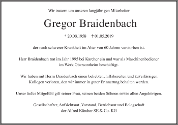 Traueranzeige von Gregor Braidenbach von Haller Tagblatt