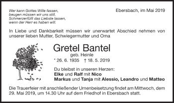 Traueranzeige von Gretel Bantel von NWZ Neue Württembergische Zeitung