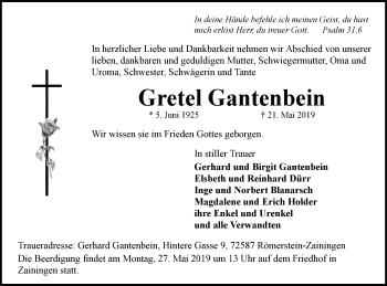 Traueranzeige von Gretel Gantenbein von Metzinger-Uracher Volksblatt