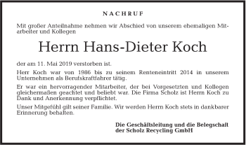 Traueranzeige von Hans-Dieter Koch von Rundschau Gaildorf