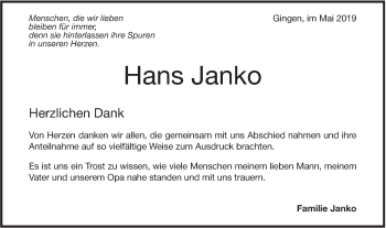 Traueranzeige von Hans Janko von Geislinger Zeitung