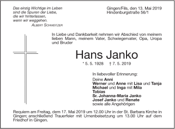 Traueranzeige von Hans Janko von Geislinger Zeitung