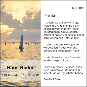 Traueranzeige von Hans Röder von SÜDWEST PRESSE Ausgabe Ulm/Neu-Ulm