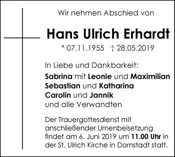 Traueranzeige von Hans Ulrich Erhardt von SÜDWEST PRESSE Ausgabe Ulm/Neu-Ulm