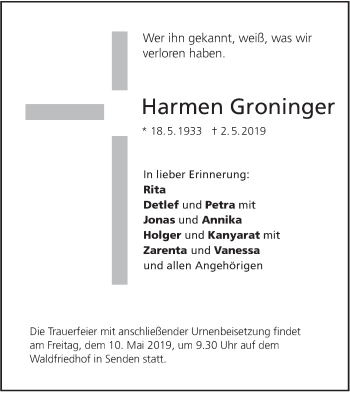 Traueranzeige von Harmen Groninger von SÜDWEST PRESSE Ausgabe Ulm/Neu-Ulm