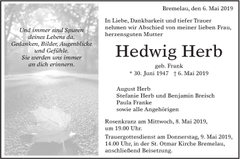 Traueranzeige von Hedwig Herb von Alb-Bote/Metzinger-Uracher Volksblatt