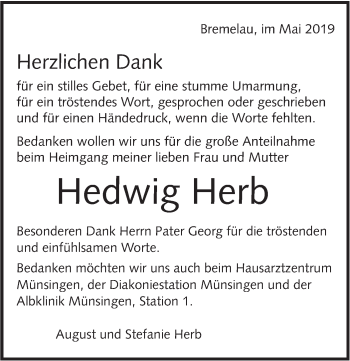 Traueranzeige von Hedwig Herb von Alb-Bote/Metzinger-Uracher Volksblatt