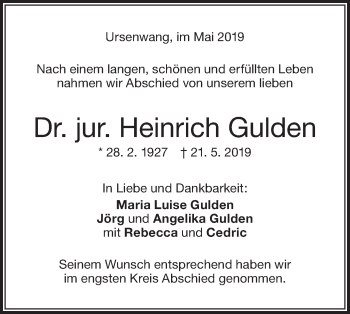 Traueranzeige von Heinrich Gulden von NWZ Neue Württembergische Zeitung