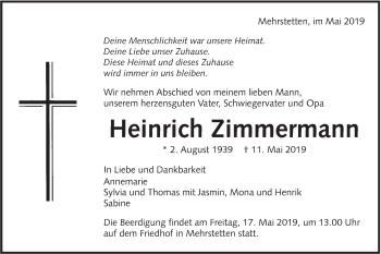 Traueranzeige von Heinrich Zimmermann von Metzinger-Uracher Volksblatt