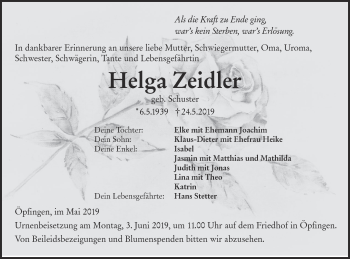 Traueranzeige von Helga Zeidler von Ehinger Tagblatt