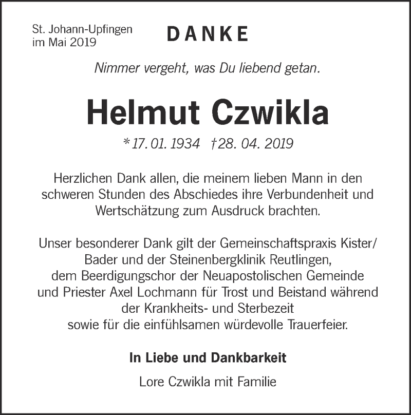  Traueranzeige für Helmut Czwikla vom 16.05.2019 aus Metzinger-Uracher Volksblatt