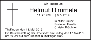 Traueranzeige von Helmut Rimmele von SÜDWEST PRESSE Ausgabe Ulm/Neu-Ulm