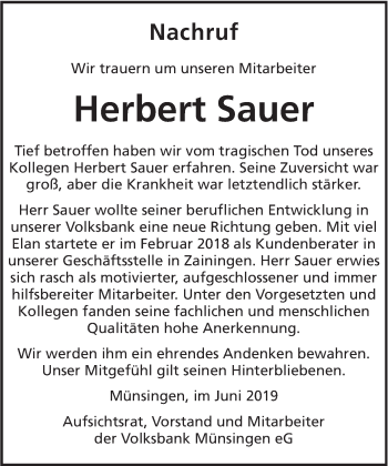 Traueranzeige von Herbert Sauer von Alb-Bote/Metzinger-Uracher Volksblatt