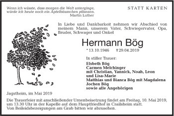 Traueranzeige von Hermann Bög von Hohenloher Tagblatt