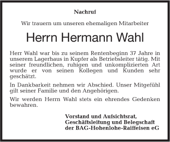 Traueranzeige von Hermann Wahl von Haller Tagblatt