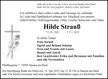 Traueranzeige von Hilde Strauß von Hohenloher Tagblatt