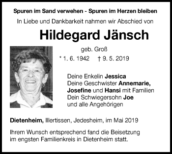 Traueranzeige von Hildegard Jänsch von Illertal Bote