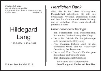 Traueranzeige von Hildegard Lang von Hohenloher Tagblatt