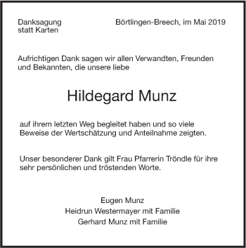 Traueranzeige von Hildegard Munz von NWZ Neue Württembergische Zeitung