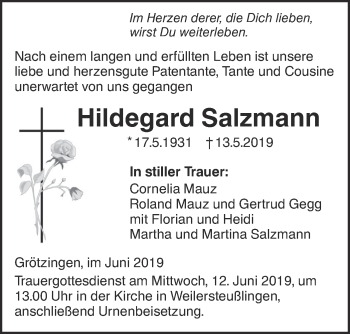 Traueranzeige von Hildegard Salzmann von Ehinger Tagblatt