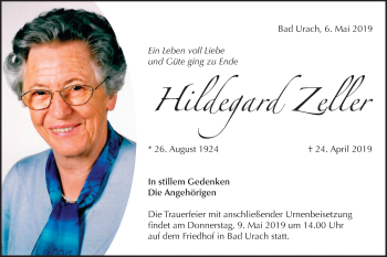 Traueranzeige von Hildegard Zeller von Metzinger-Uracher Volksblatt