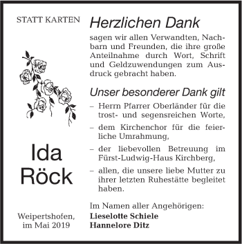 Traueranzeige von Ida Röck von Hohenloher Tagblatt