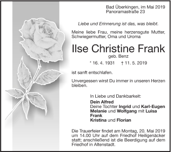 Traueranzeige von Ilse Christine Frank von Geislinger Zeitung