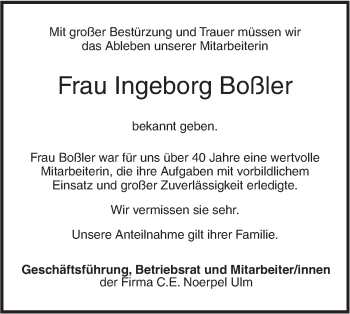 Traueranzeige von Ingeborg Boßler von SÜDWEST PRESSE Ausgabe Ulm/Neu-Ulm