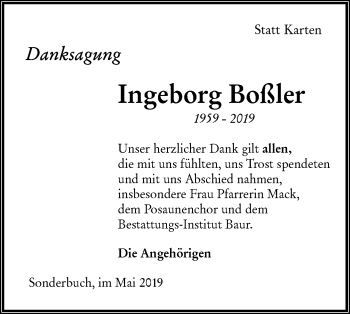 Traueranzeige von Ingeborg Boßler von SÜDWEST PRESSE