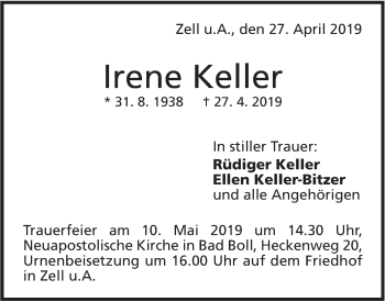 Traueranzeige von Irene Keller von NWZ Neue Württembergische Zeitung