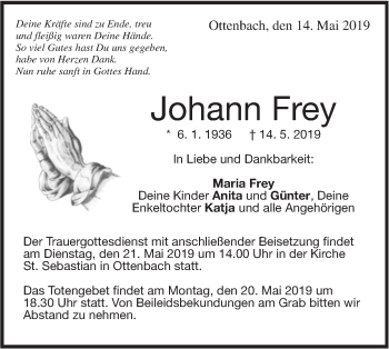 Traueranzeige von Johann Frey von NWZ Neue Württembergische Zeitung