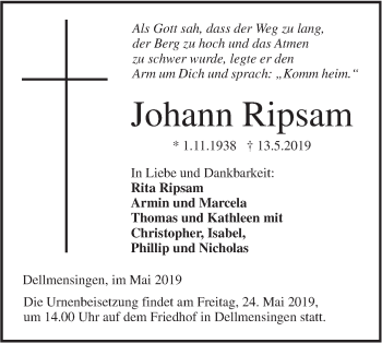 Traueranzeige von Johann Ripsam von SÜDWEST PRESSE Ausgabe Ulm/Neu-Ulm